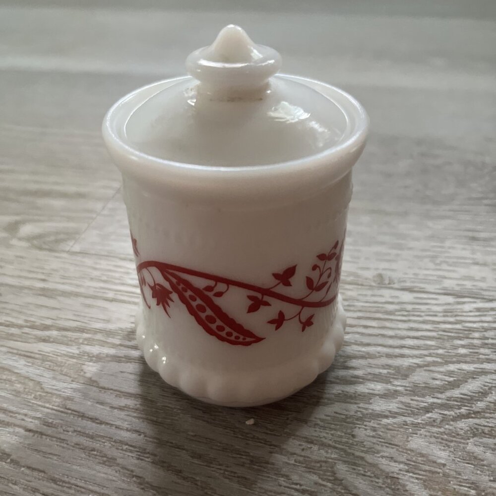 Vintage Hazel Atlas Small Milk Glass Red Sweet Pea Mustard Spice Jar